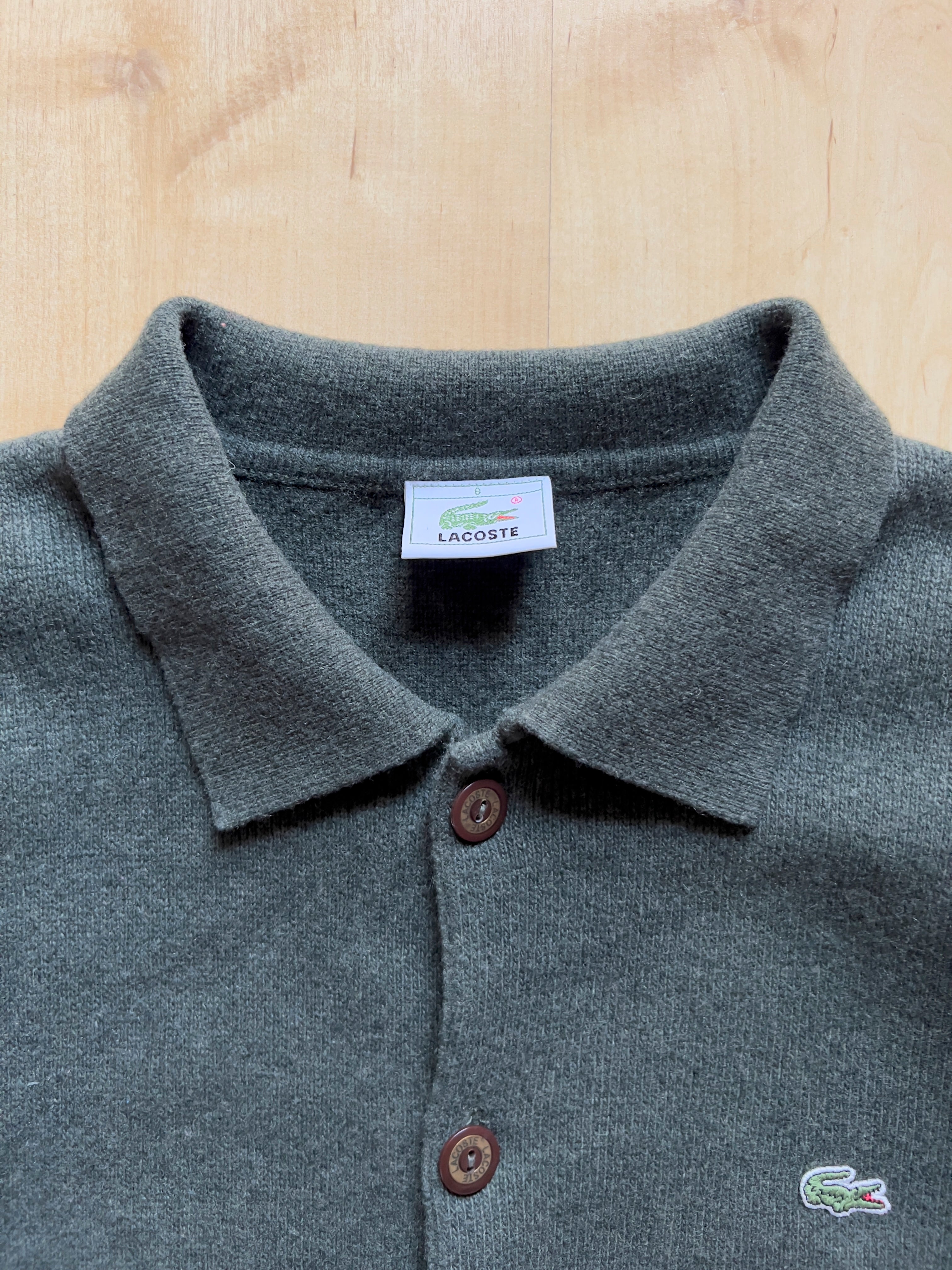 GREEN LACOSTE BUTTONED POLO NECK SWEATER- L AT JIM'S