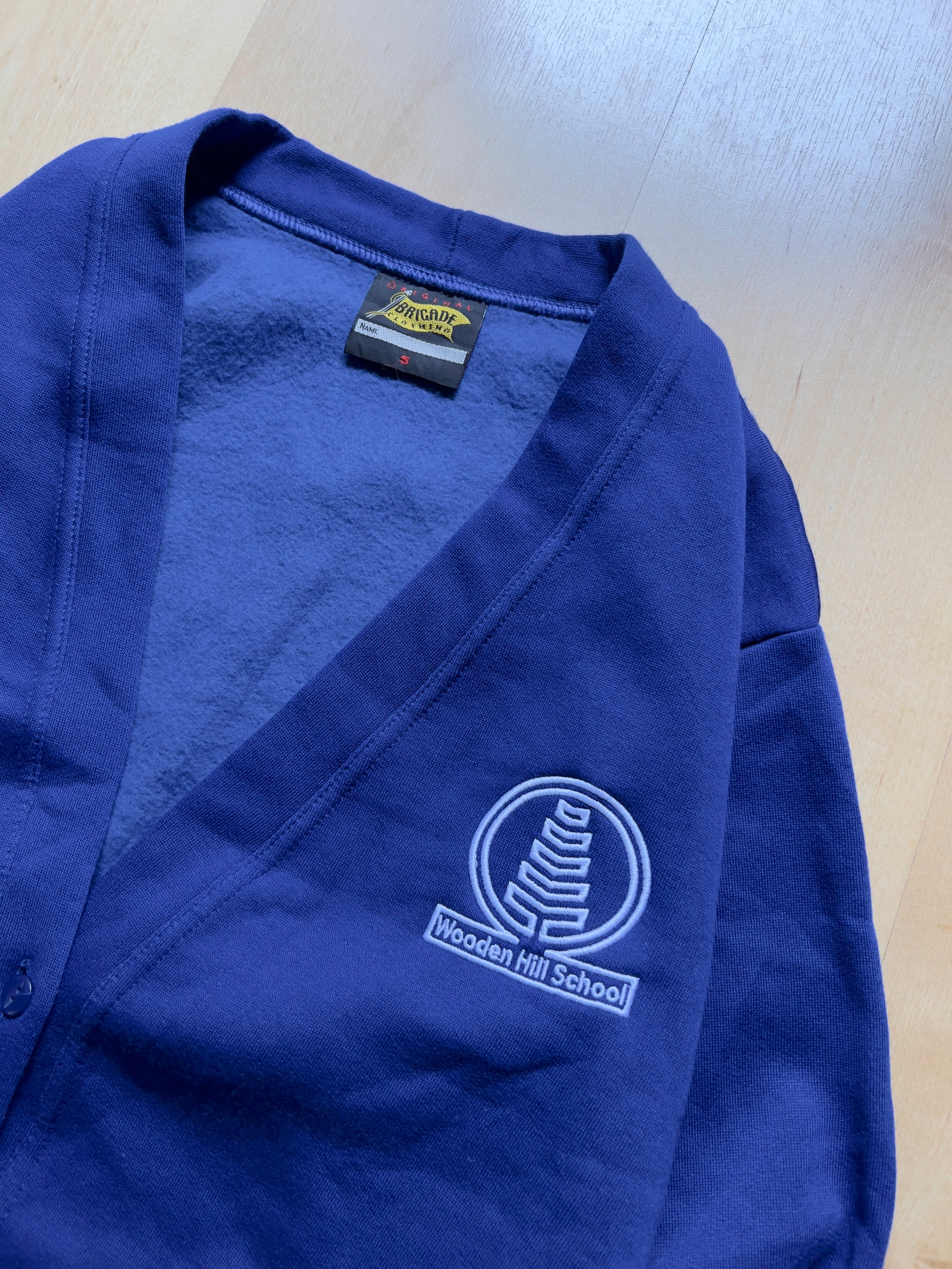 BLUE 'WOODEN HILL SCHOOL' CARDIGAN - S AT JIM'S
