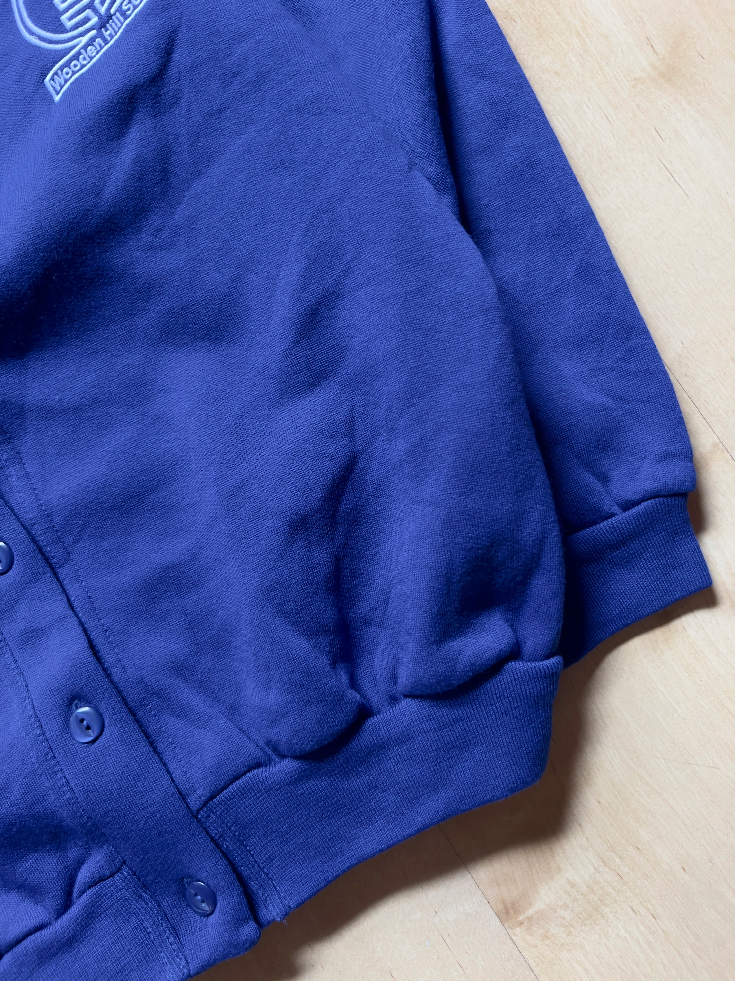BLUE 'WOODEN HILL SCHOOL' CARDIGAN - S AT JIM'S
