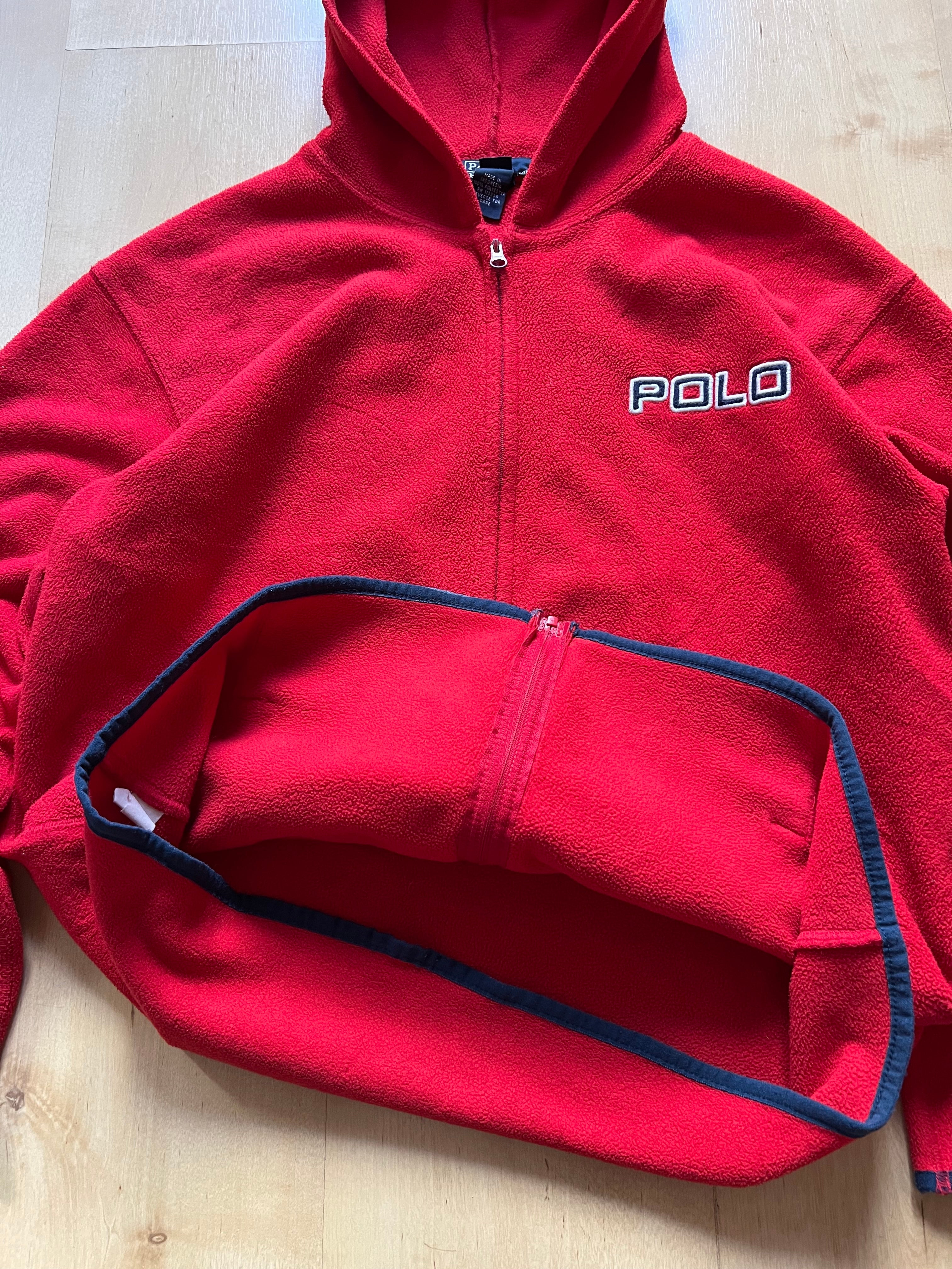 RED POLO ZIPPED FLEECE HOODIE - S AT JIM'S