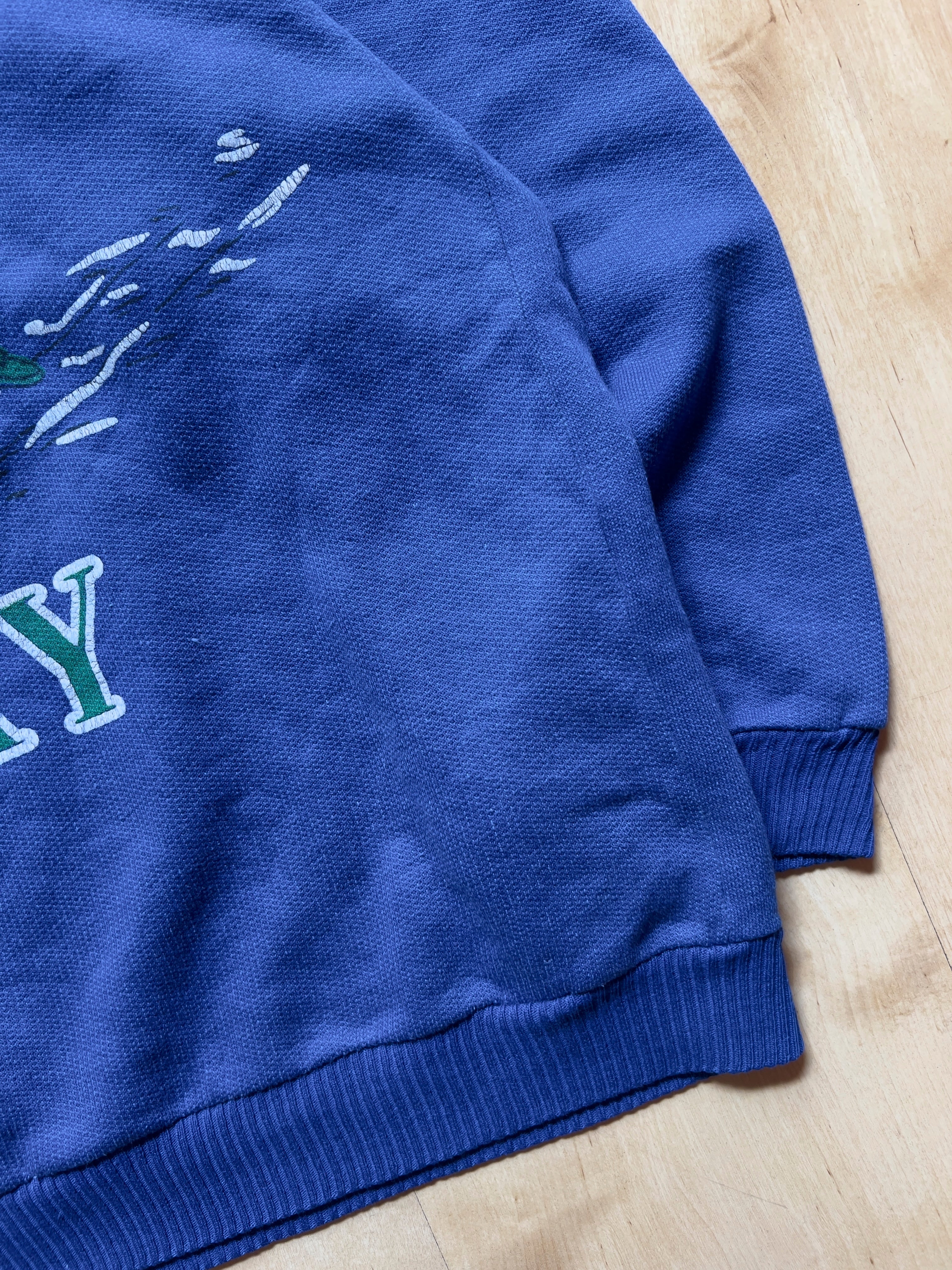 BLUE DISTRESSED 'HUSKY' SWEATSHIRT - S/M AT JIM'S