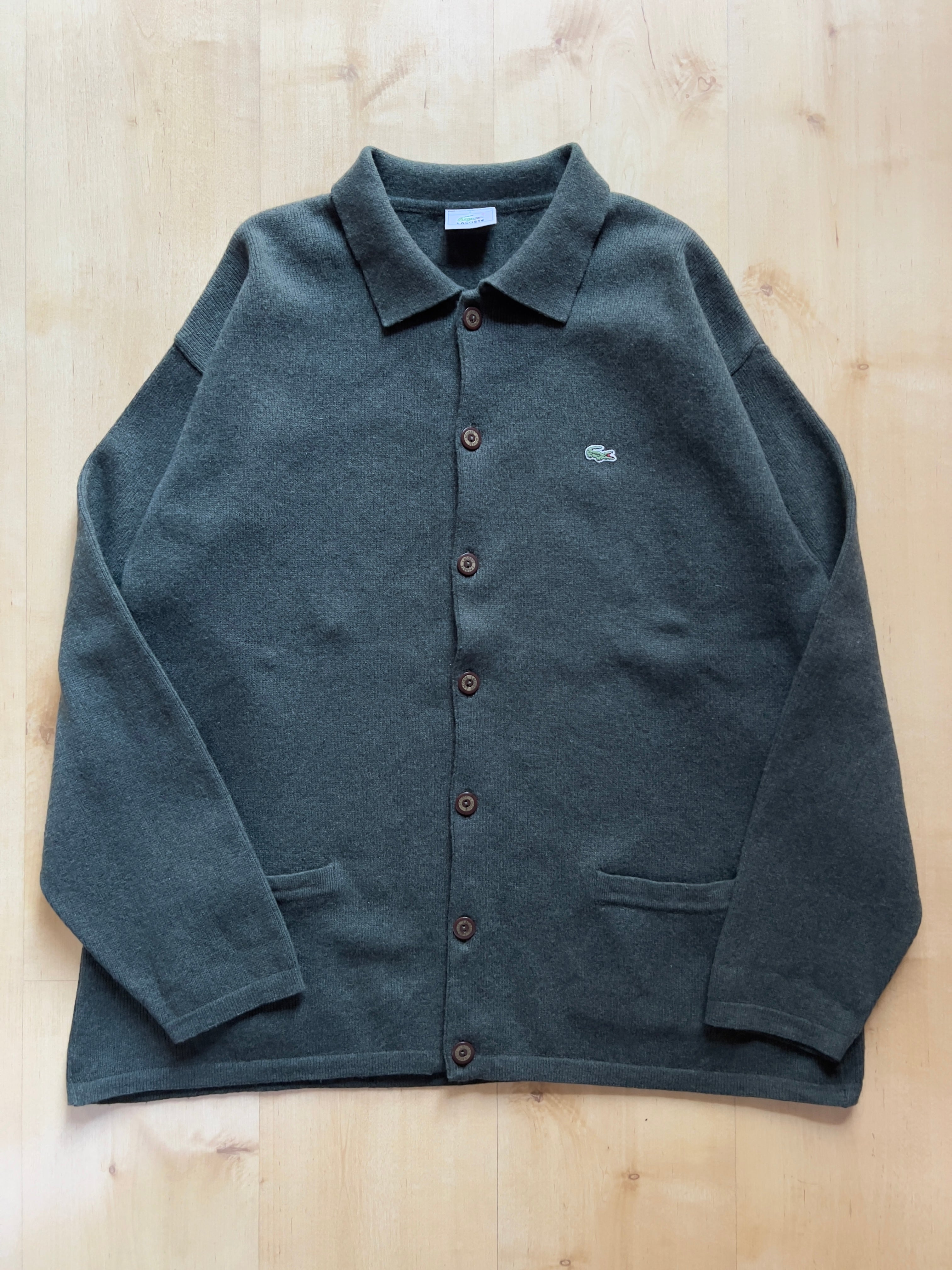 GREEN LACOSTE BUTTONED POLO NECK SWEATER- L AT JIM'S