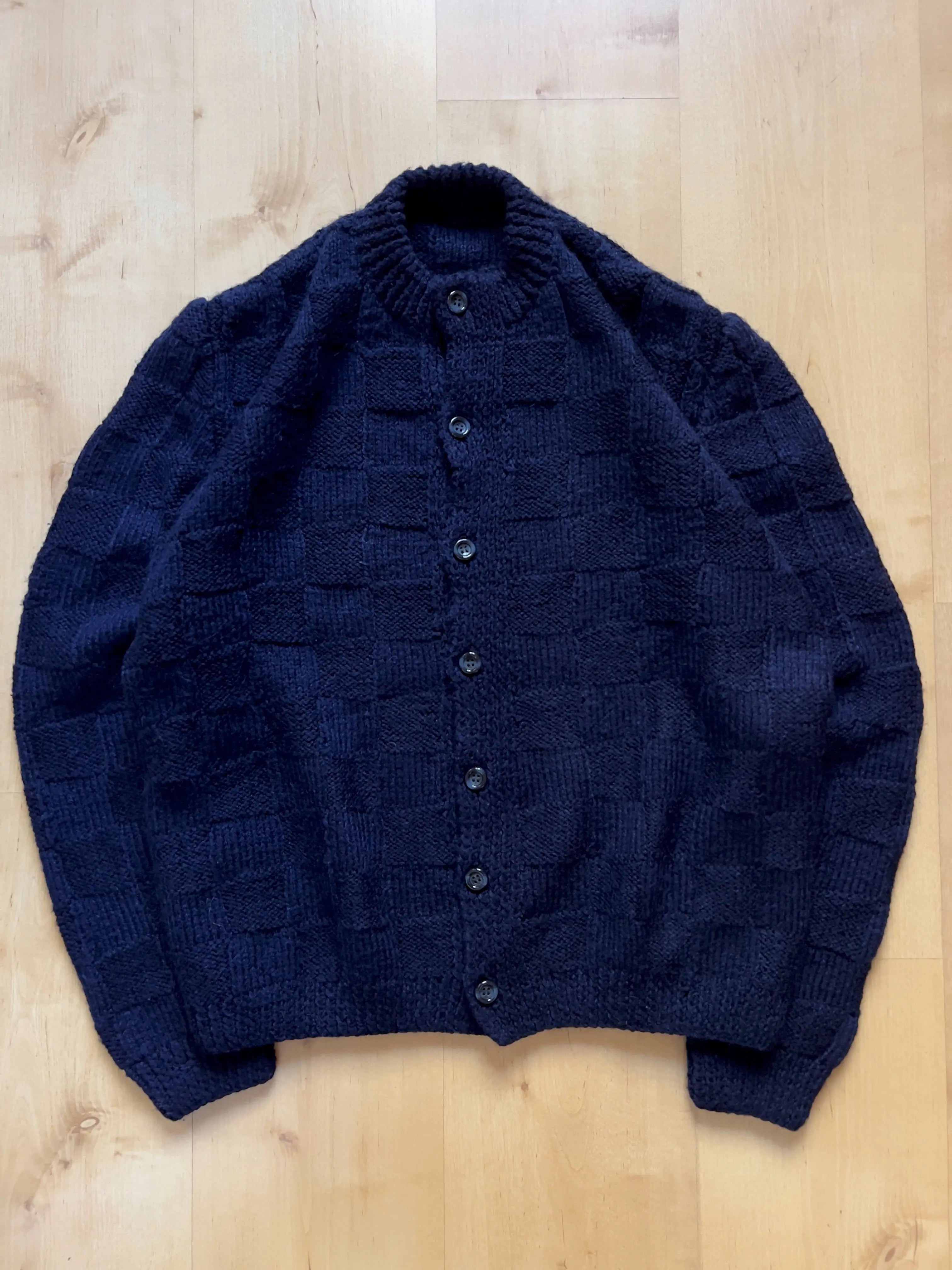 BLUE CHECKED CHUNKY WOOL CARDIGAN - M AT JIM'S