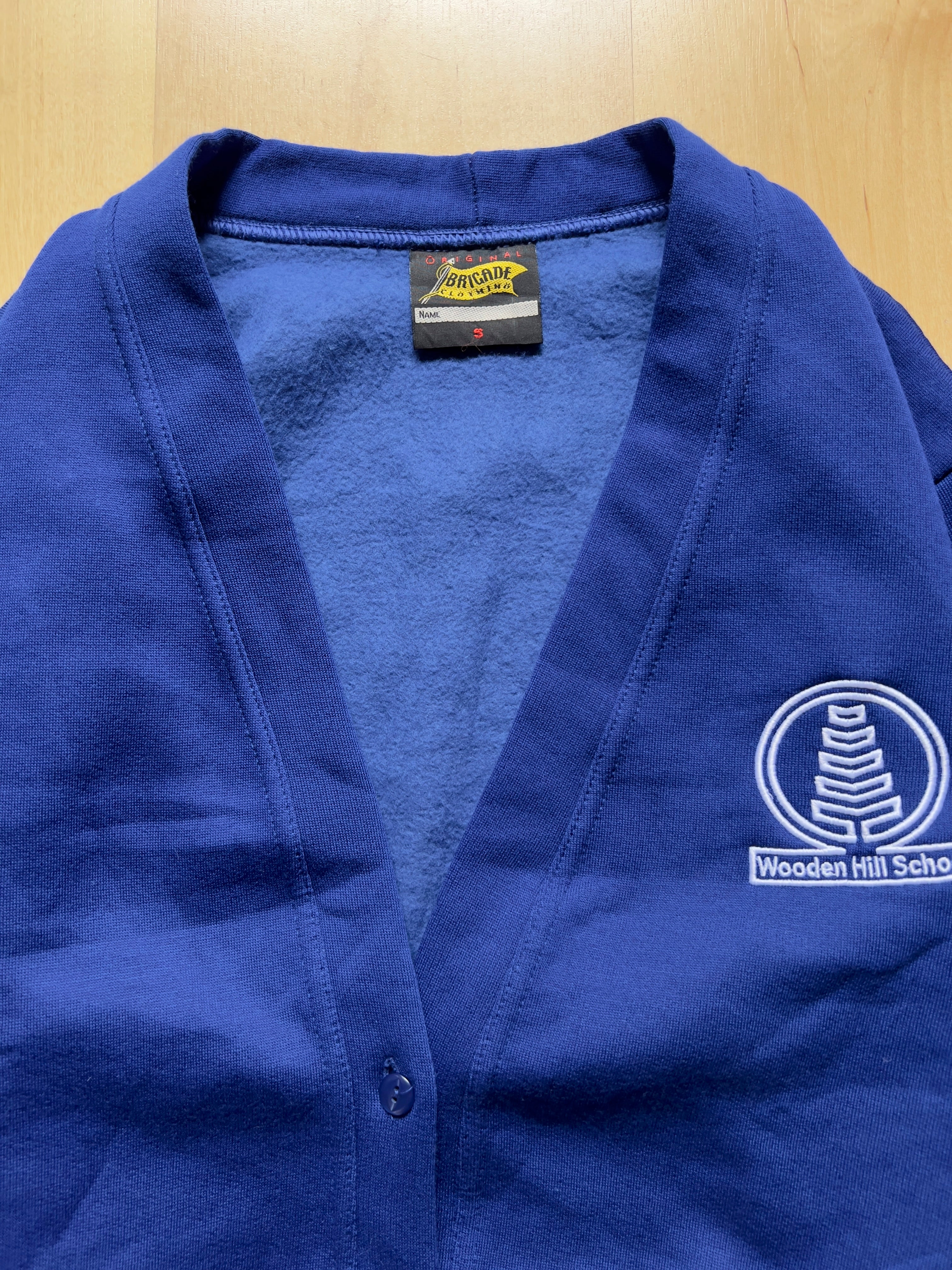 BLUE 'WOODEN HILL SCHOOL' CARDIGAN - S AT JIM'S