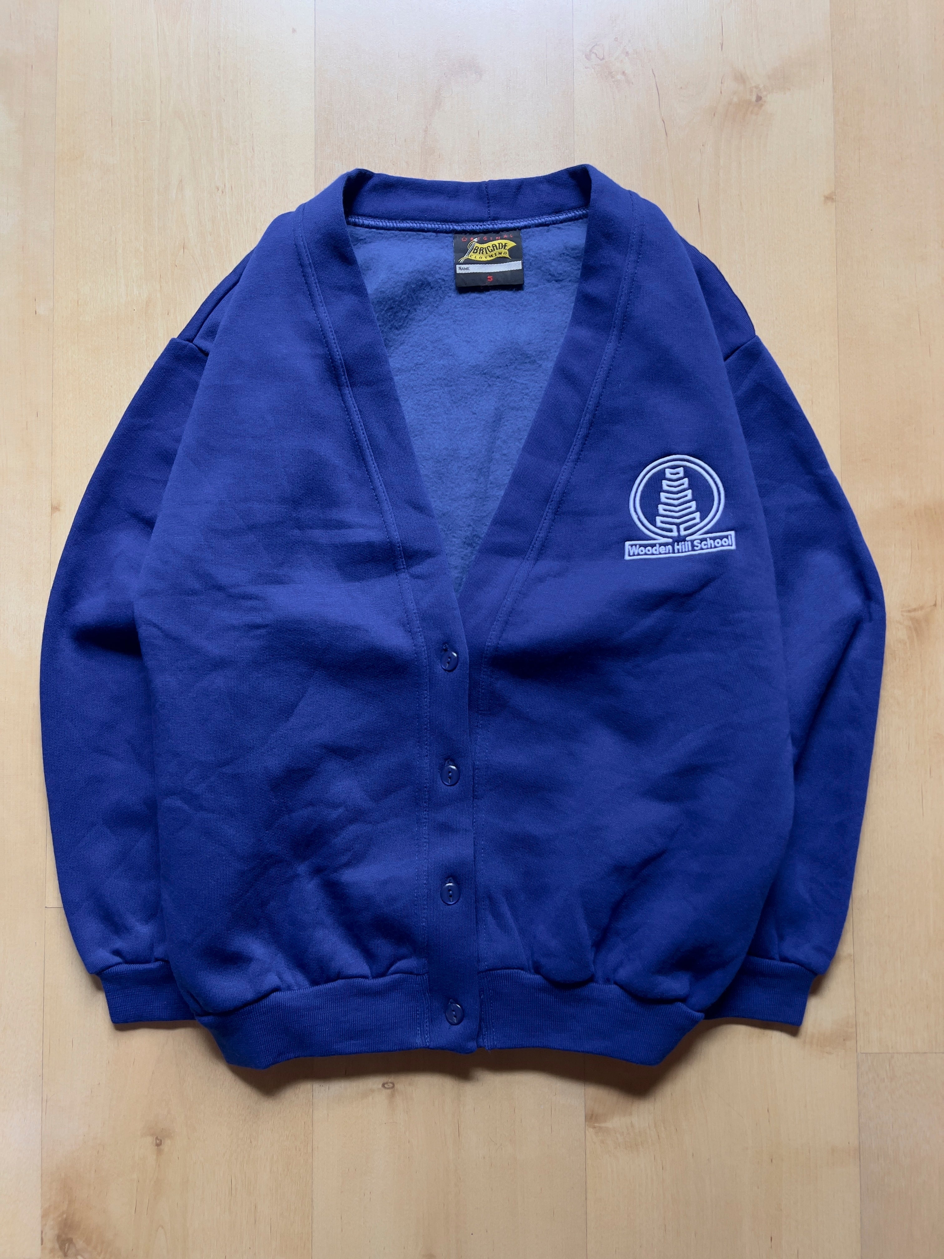 BLUE 'WOODEN HILL SCHOOL' CARDIGAN - S AT JIM'S